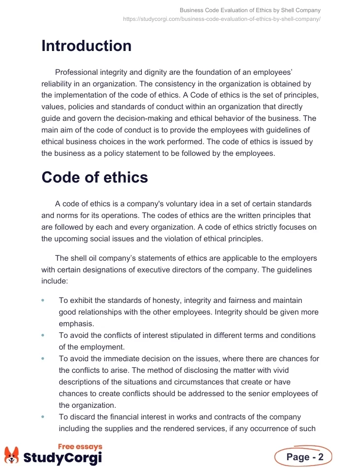 Business Code Evaluation of Ethics by Shell Company. Page 2