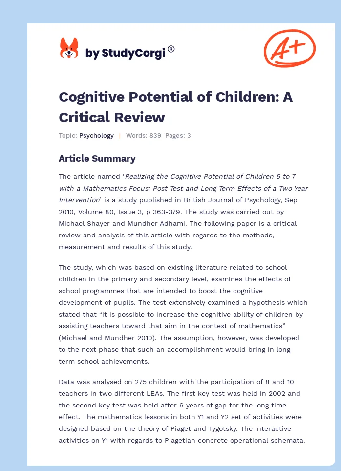 Cognitive Potential of Children: A Critical Review. Page 1