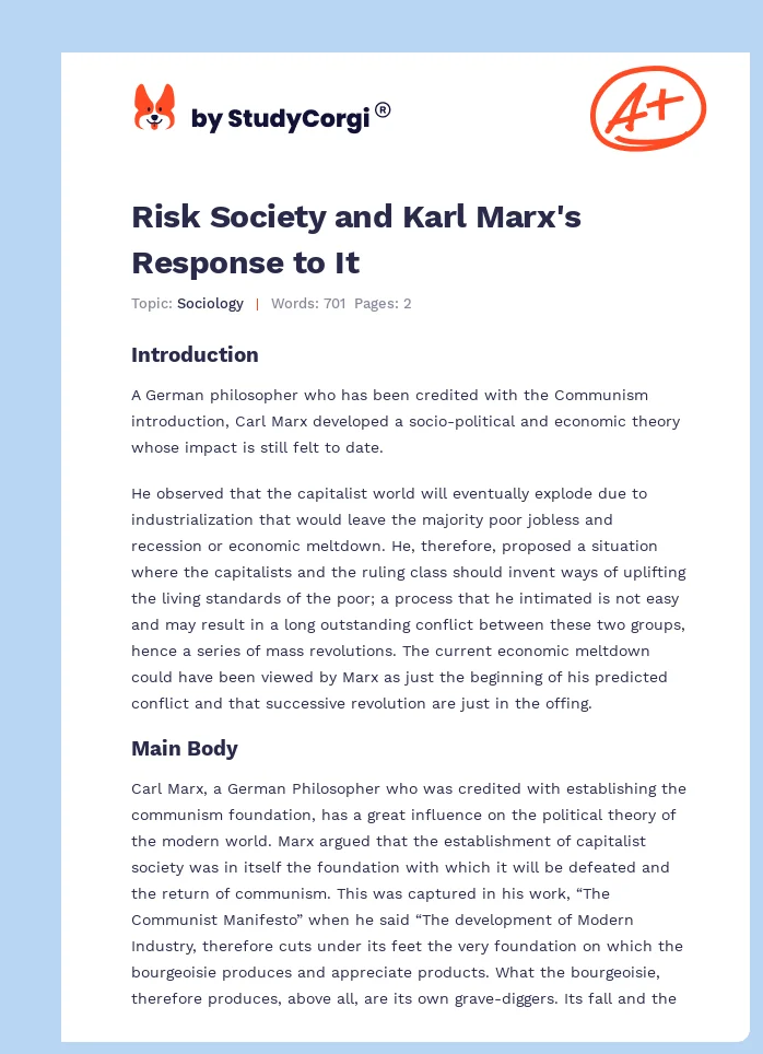 Risk Society and Karl Marx's Response to It. Page 1