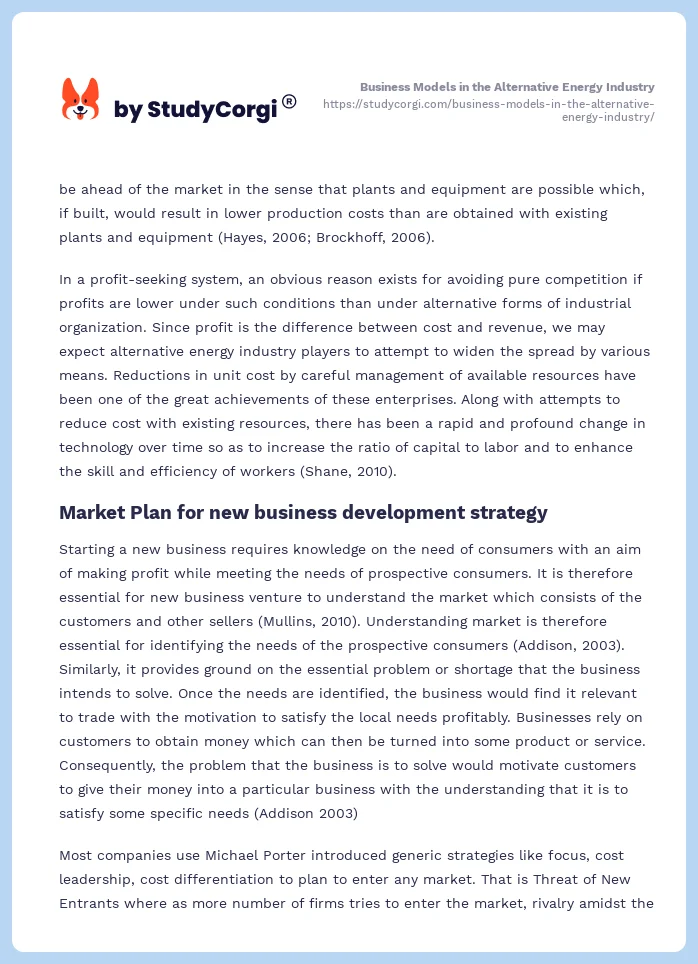 Business Models in the Alternative Energy Industry. Page 2