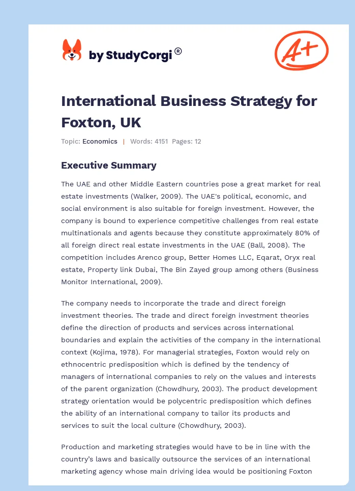 International Business Strategy for Foxton, UK. Page 1