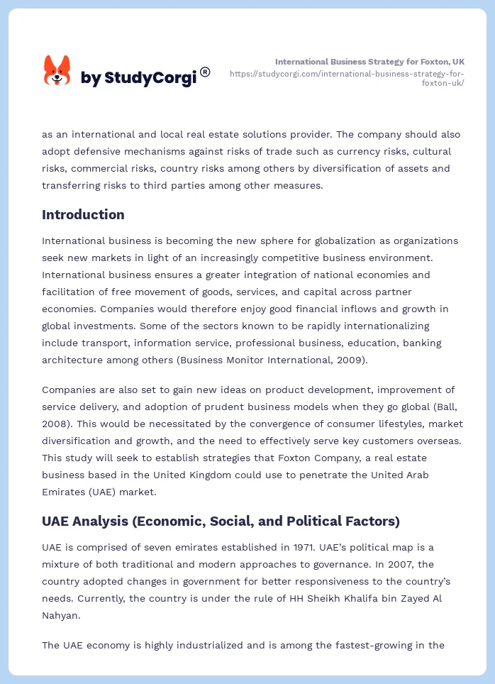 International Business Strategy for Foxton, UK. Page 2