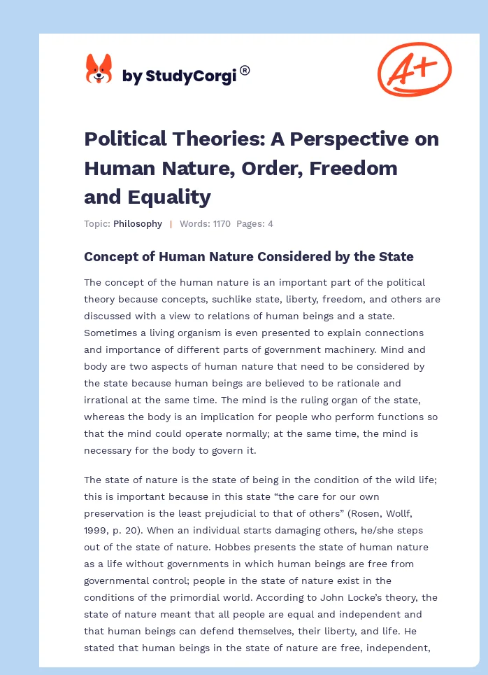 Political Theories: A Perspective on Human Nature, Order, Freedom and Equality. Page 1