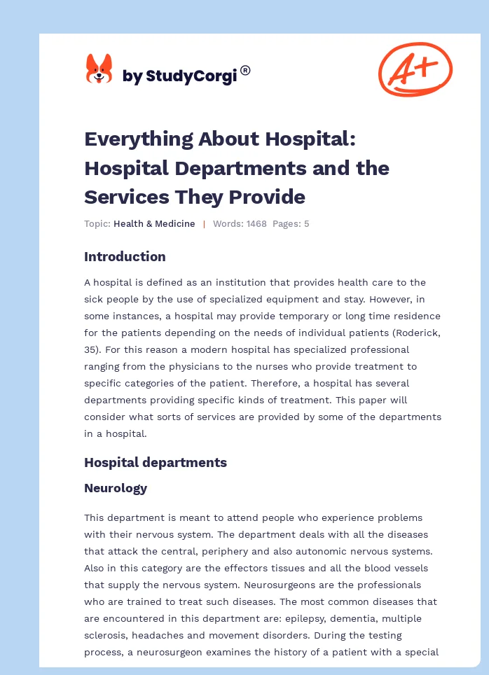 Everything About Hospital: Hospital Departments and the Services They Provide. Page 1