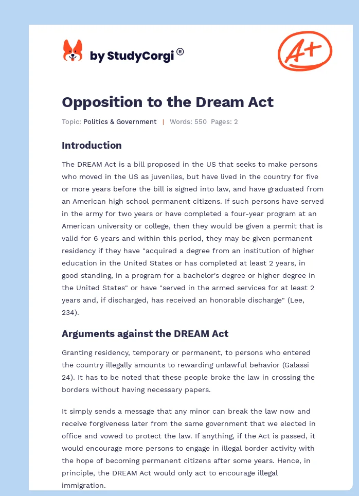 Opposition to the Dream Act. Page 1