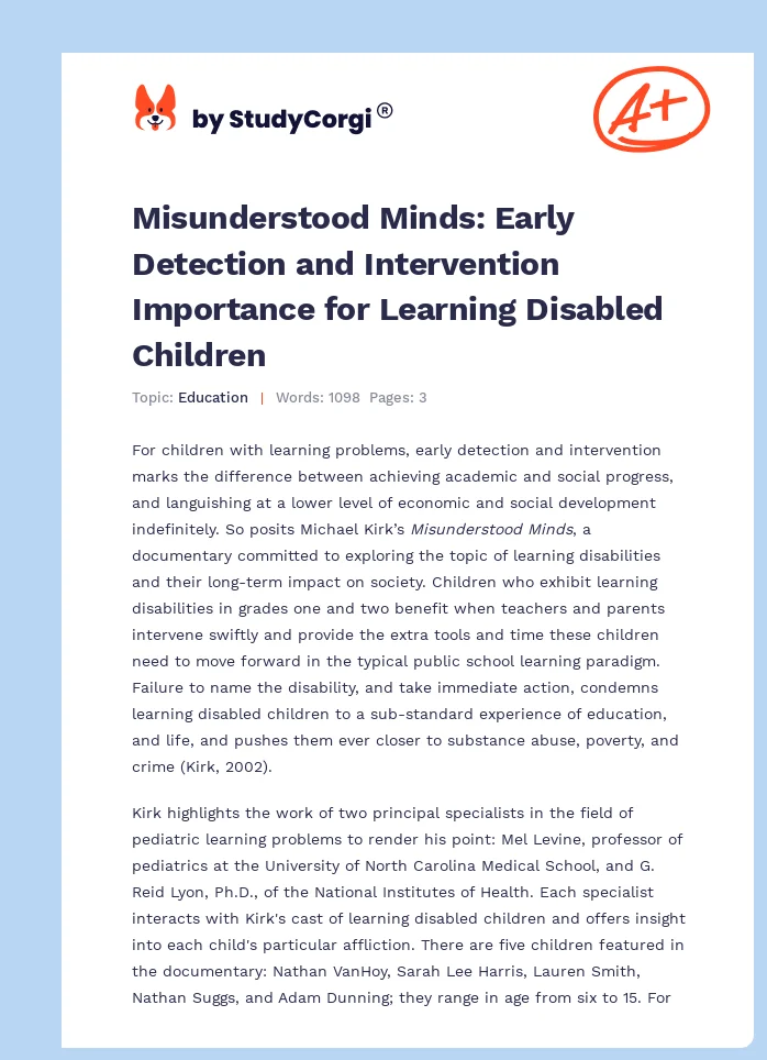 Misunderstood Minds: Early Detection and Intervention Importance for Learning Disabled Children. Page 1