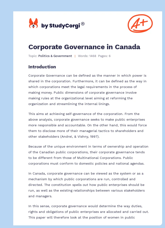Corporate Governance in Canada. Page 1