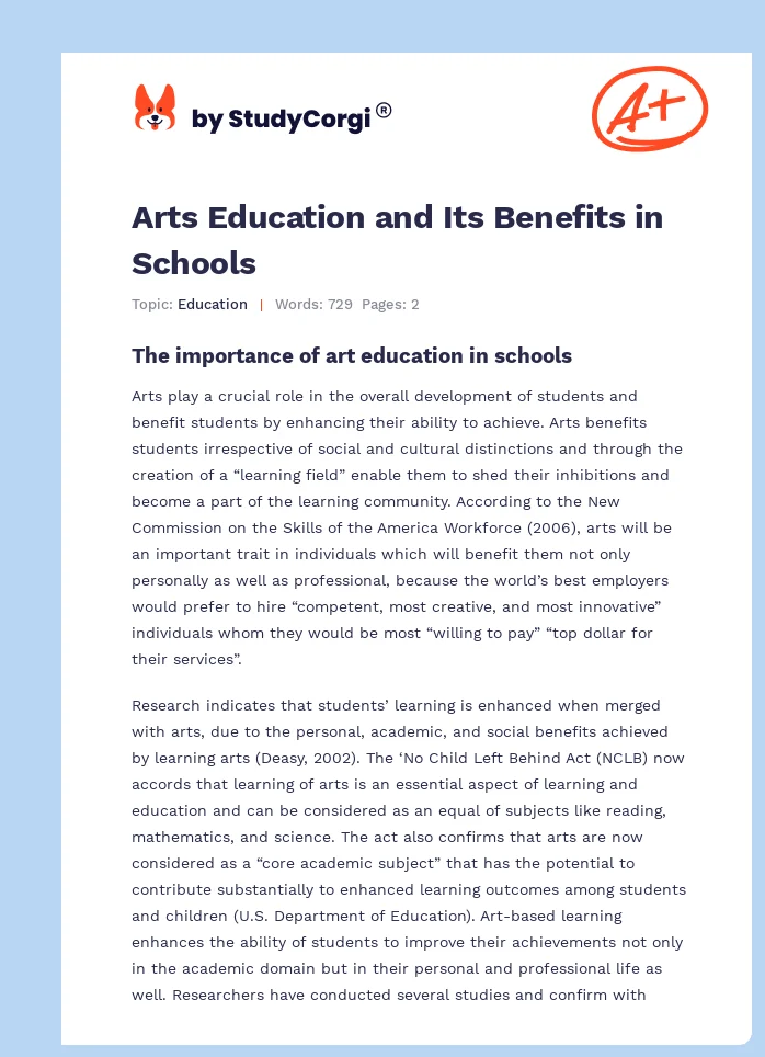 Arts Education and Its Benefits in Schools. Page 1