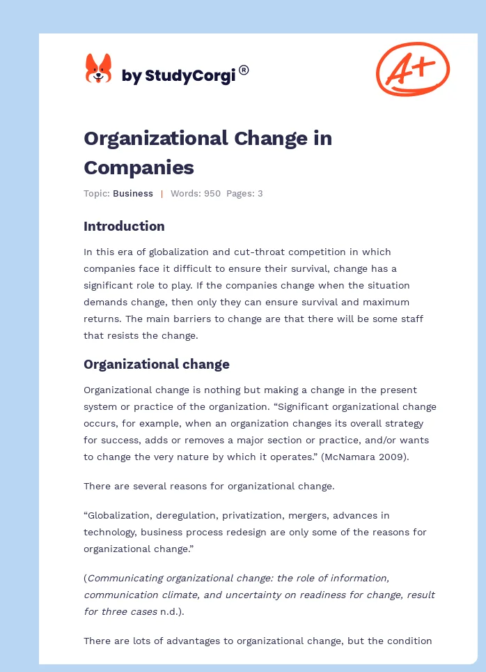 Organizational Change in Companies. Page 1