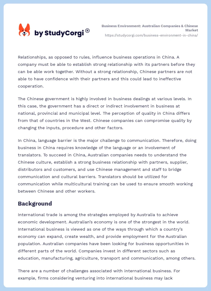 Business Environment: Australian Companies & Chinese Market. Page 2