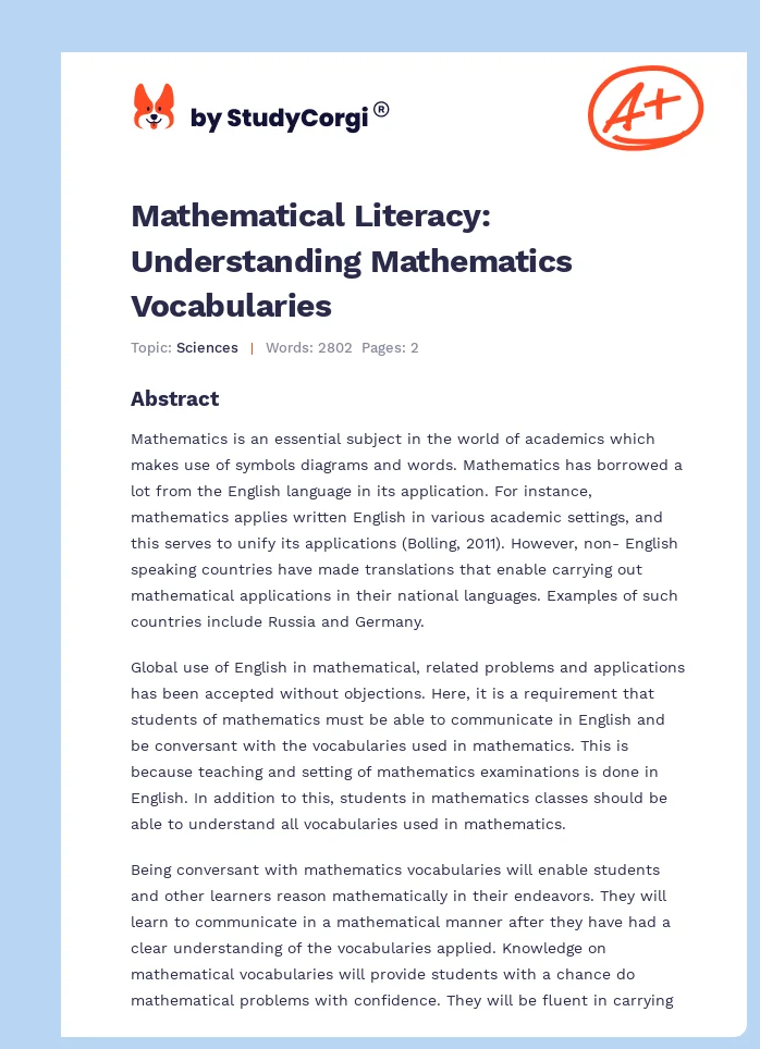 Mathematical Literacy: Understanding Mathematics Vocabularies. Page 1
