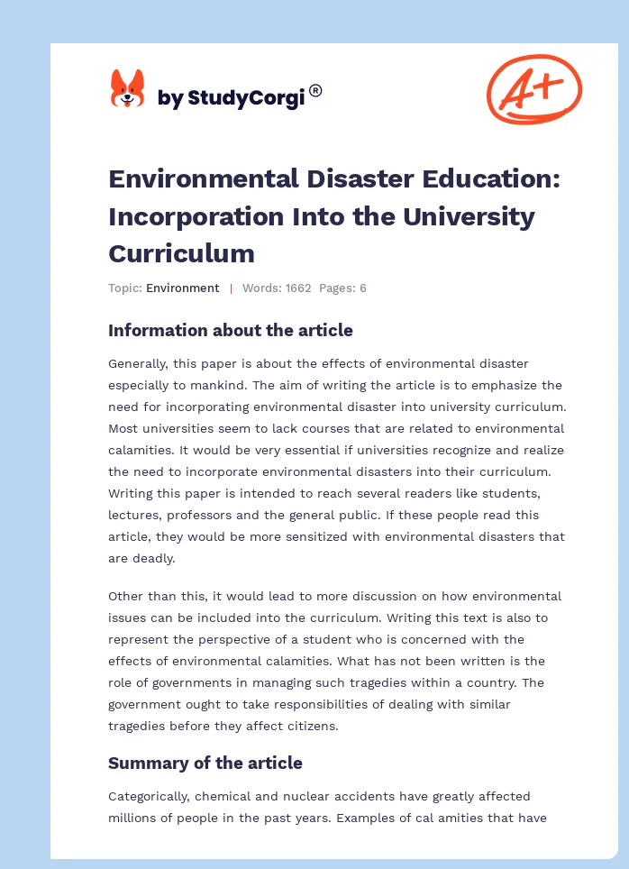Environmental Disaster Education: Incorporation Into the University Curriculum. Page 1