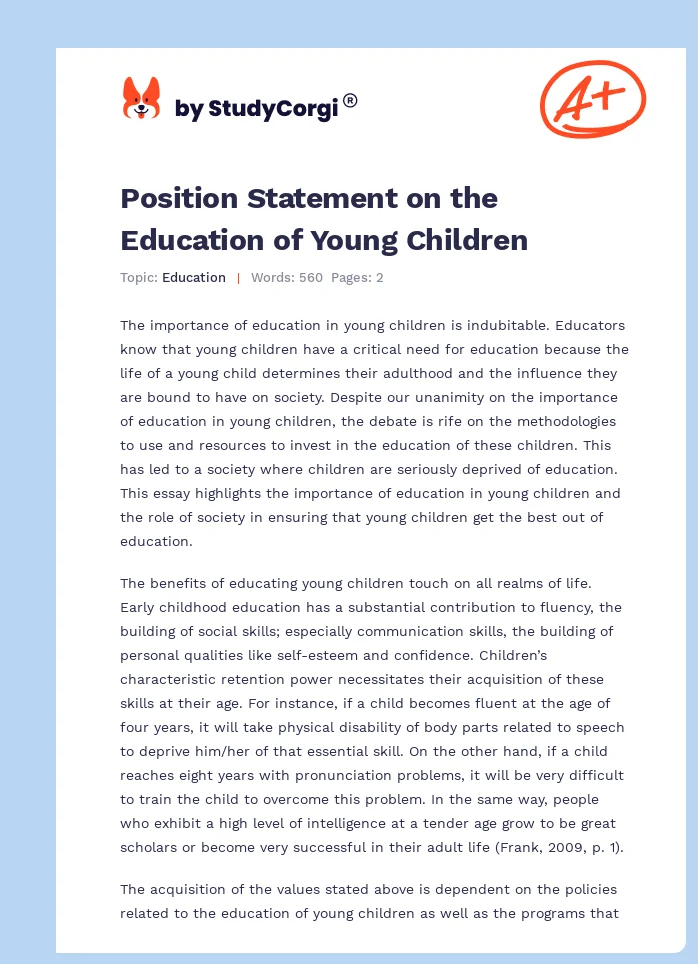 Position Statement on the Education of Young Children. Page 1