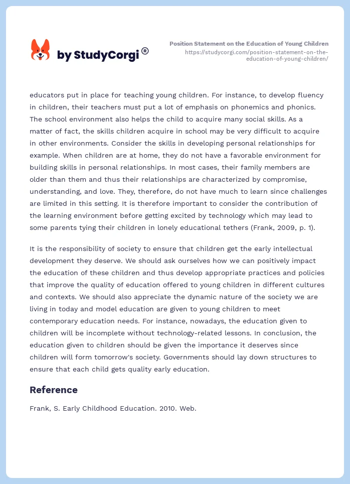 Position Statement on the Education of Young Children. Page 2