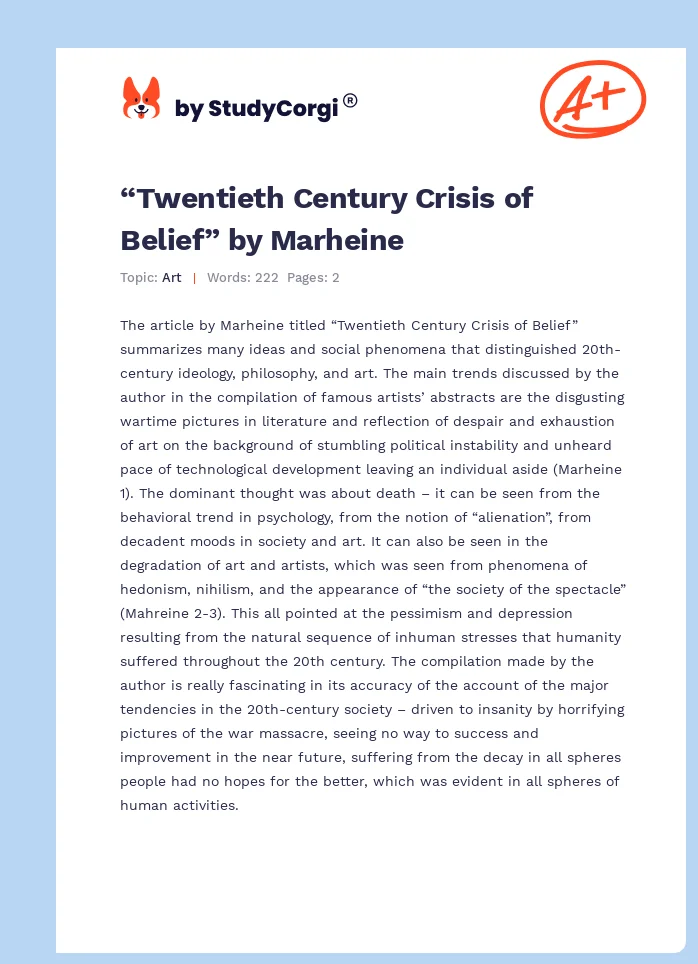 “Twentieth Century Crisis of Belief” by Marheine. Page 1