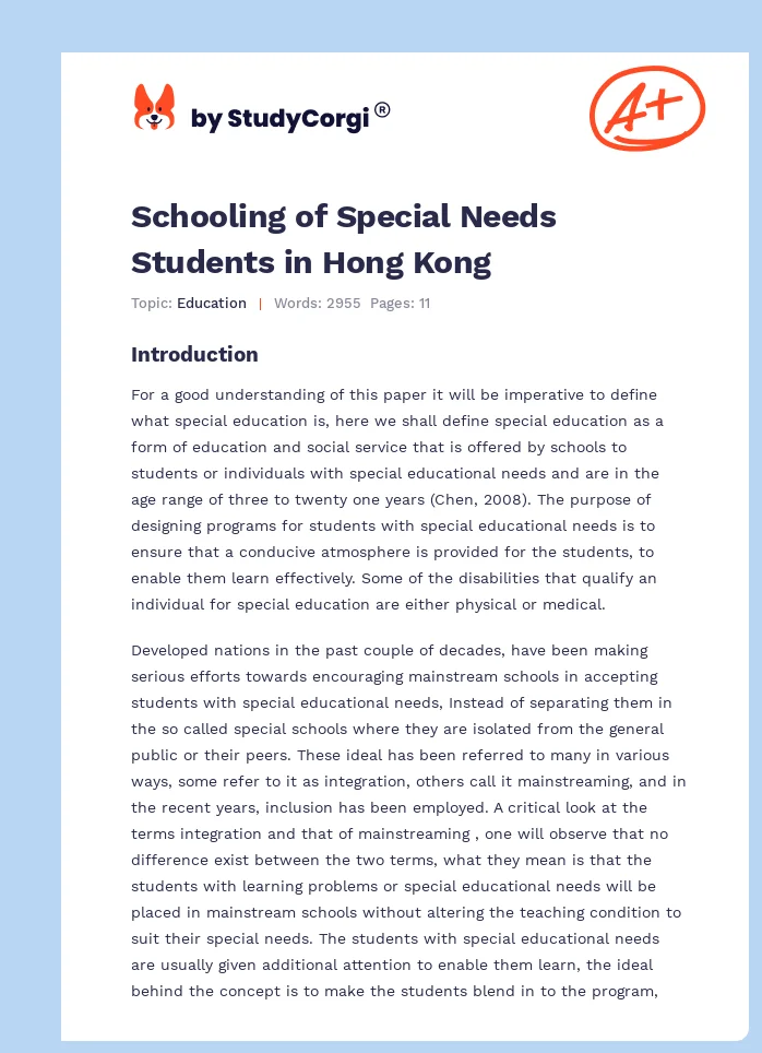 Schooling of Special Needs Students in Hong Kong. Page 1