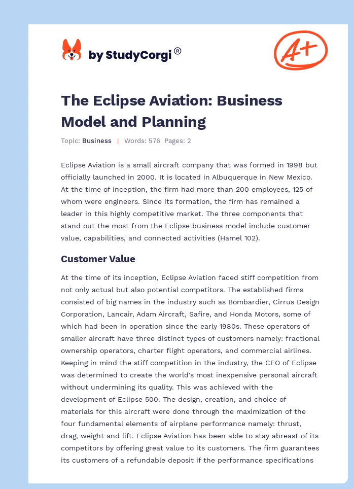 The Eclipse Aviation: Business Model and Planning. Page 1