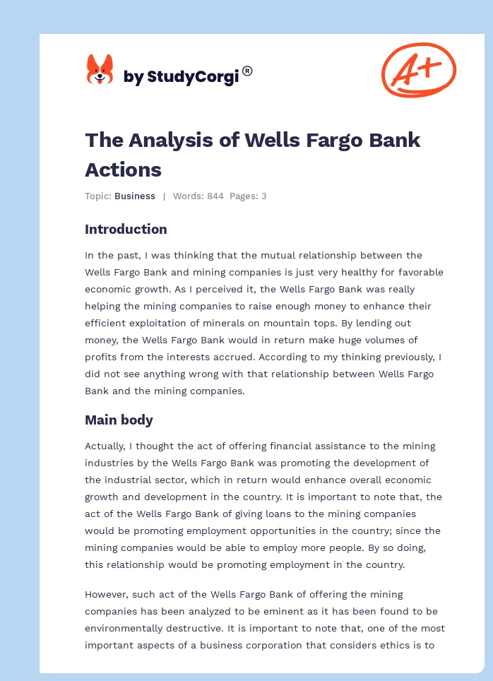 The Analysis of Wells Fargo Bank Actions. Page 1