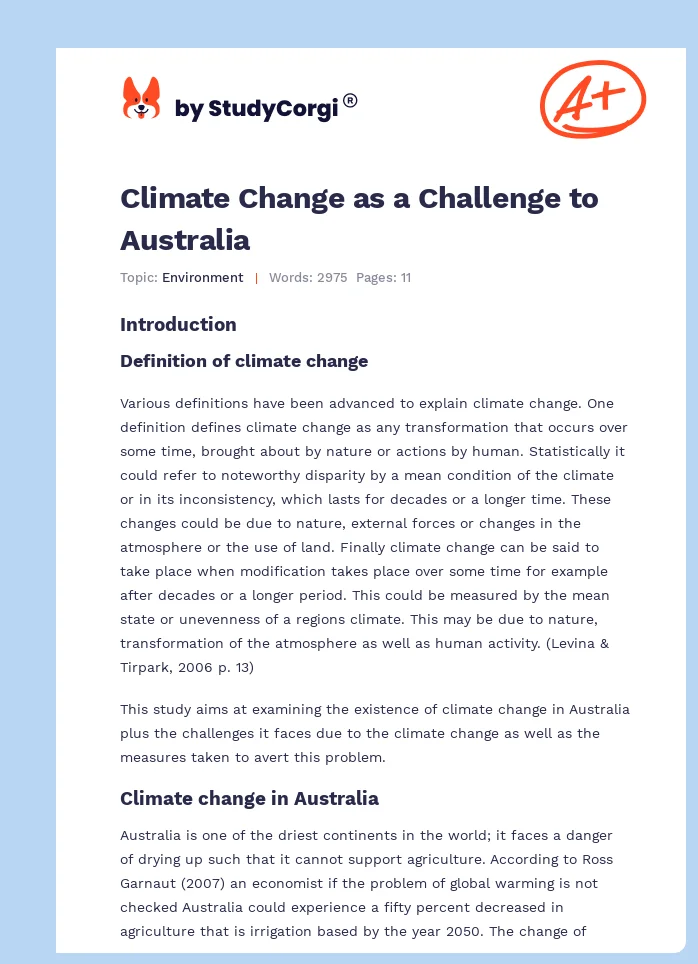Climate Change as a Challenge to Australia. Page 1