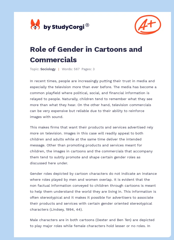 Role of Gender in Cartoons and Commercials. Page 1
