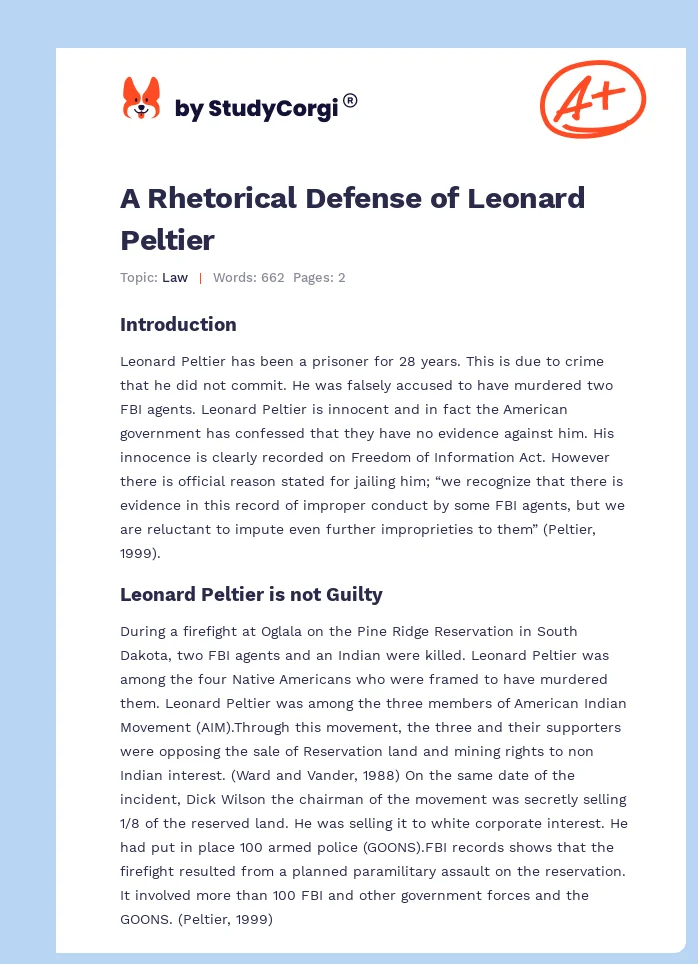 A Rhetorical Defense of Leonard Peltier. Page 1