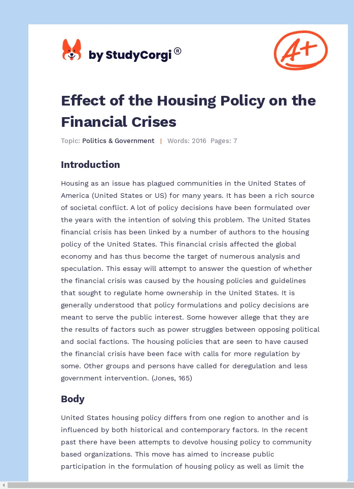 Effect of the Housing Policy on the Financial Crises. Page 1