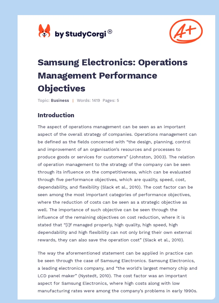Samsung Electronics: Operations Management Performance Objectives. Page 1