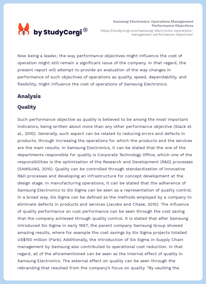 Samsung Electronics: Operations Management Performance Objectives. Page 2