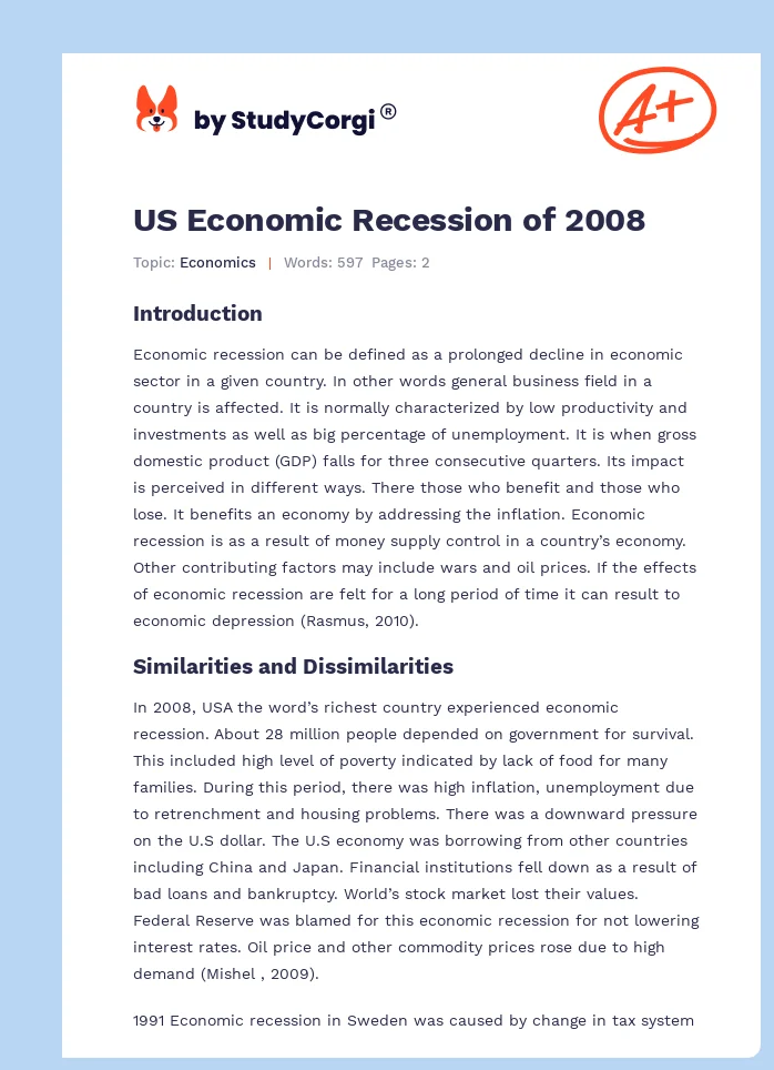 US Economic Recession of 2008. Page 1