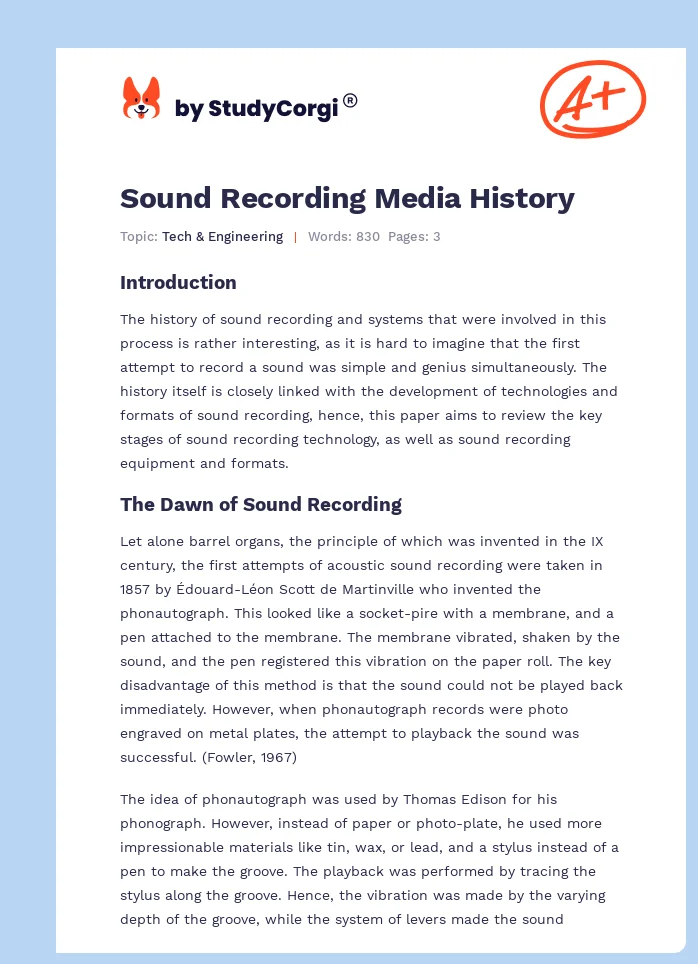 Sound Recording Media History. Page 1