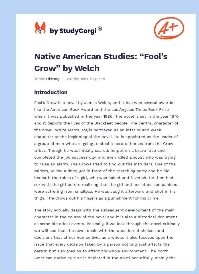 Native American Studies: “Fool’s Crow” by Welch. Page 1