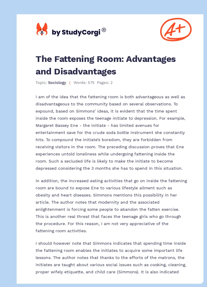 The Fattening Room: Advantages and Disadvantages. Page 1