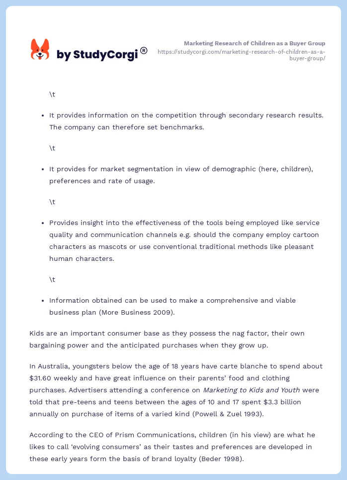 Marketing Research of Children as a Buyer Group. Page 2