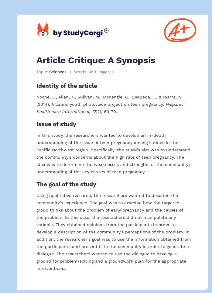 Article Critique: A Synopsis. Page 1