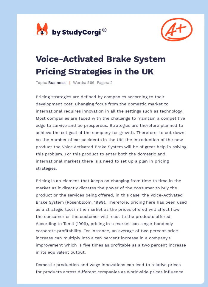 Voice-Activated Brake System Pricing Strategies in the UK. Page 1