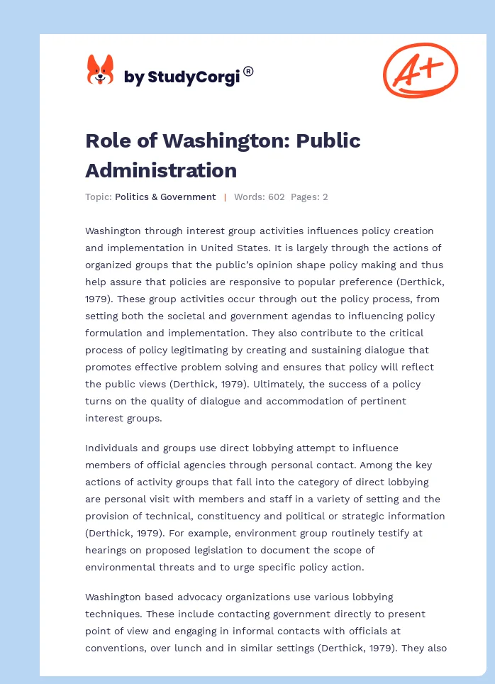 Role of Washington: Public Administration. Page 1