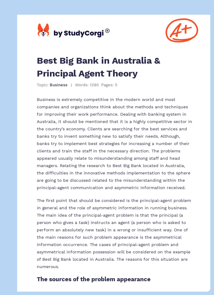 Best Big Bank in Australia & Principal Agent Theory. Page 1