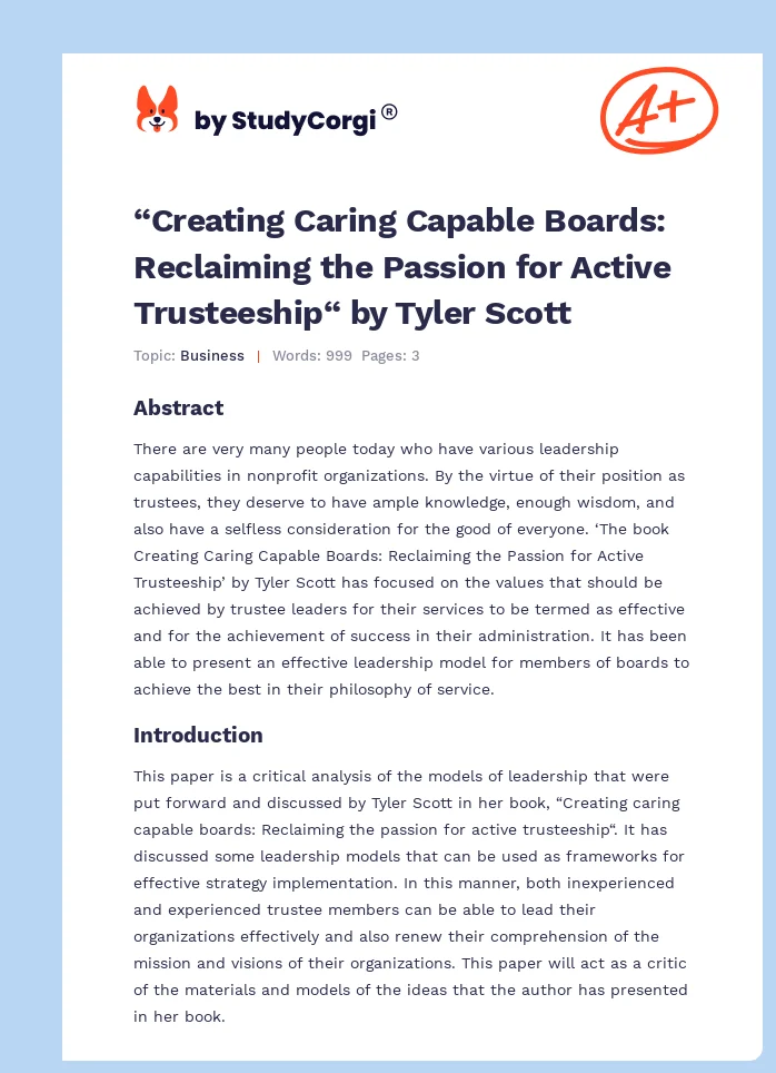 “Creating Caring Capable Boards: Reclaiming the Passion for Active Trusteeship“ by Tyler Scott. Page 1