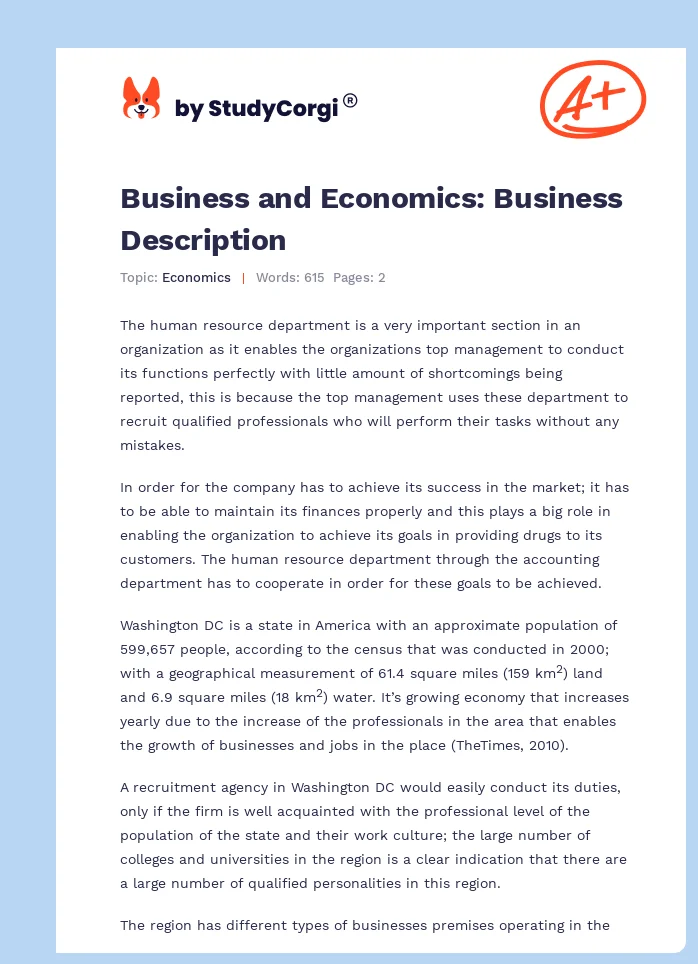 Business and Economics: Business Description. Page 1