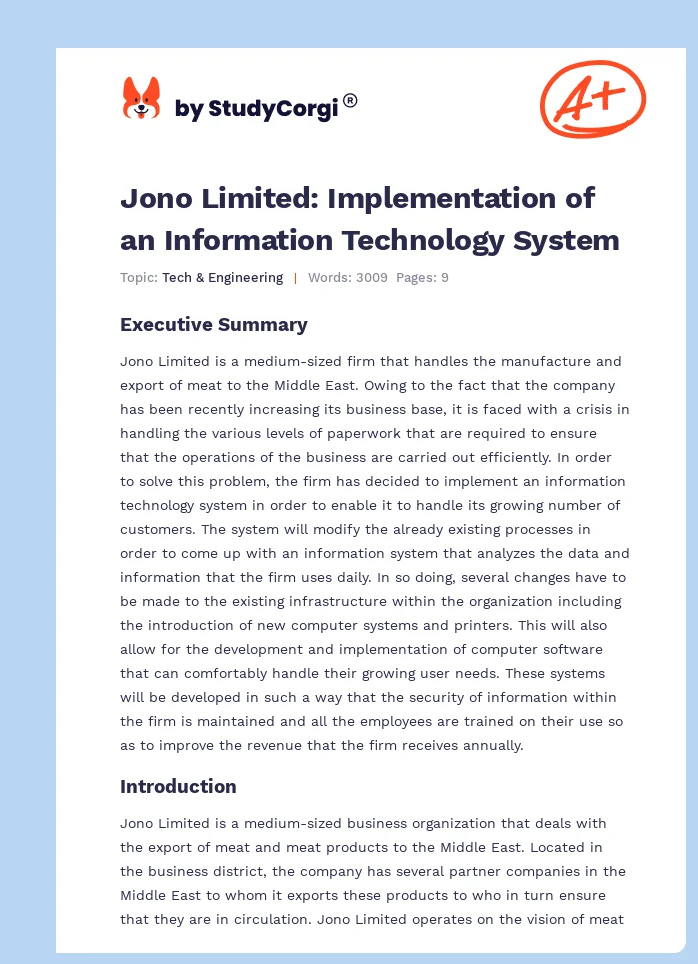 Jono Limited: Implementation of an Information Technology System. Page 1