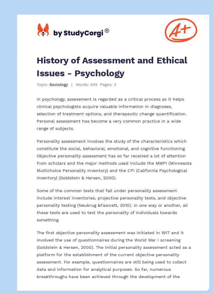 History of Assessment and Ethical Issues - Psychology. Page 1