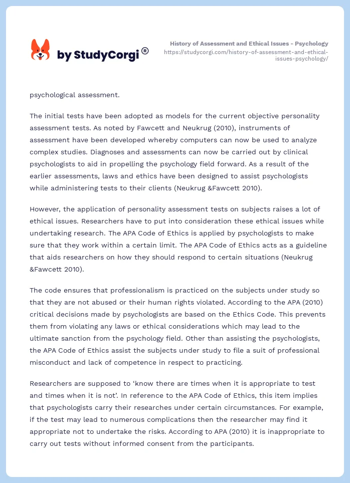 History of Assessment and Ethical Issues - Psychology. Page 2