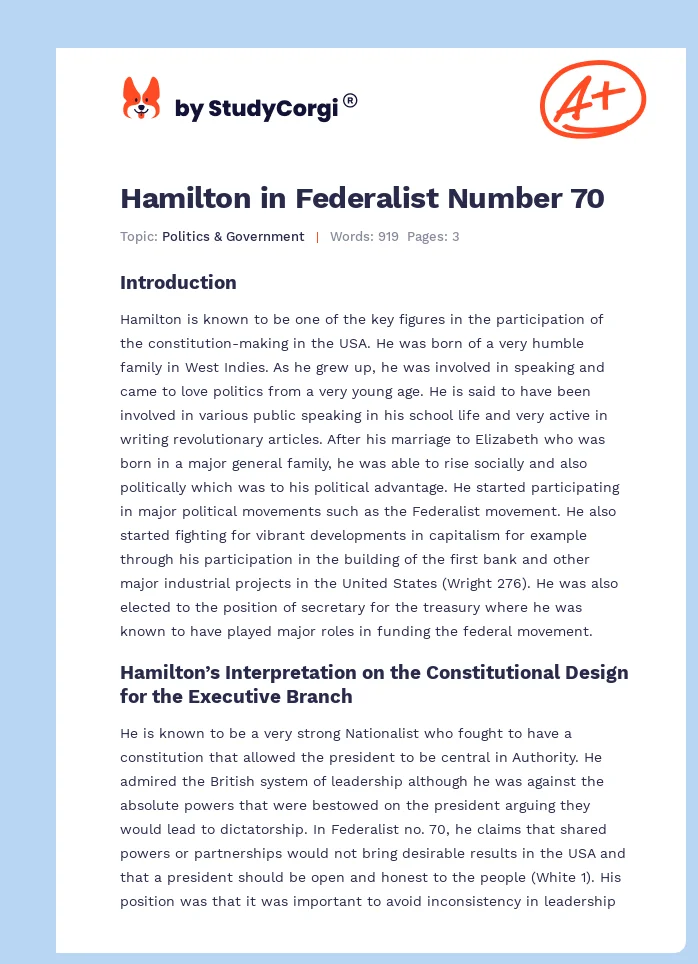 Hamilton in Federalist Number 70. Page 1