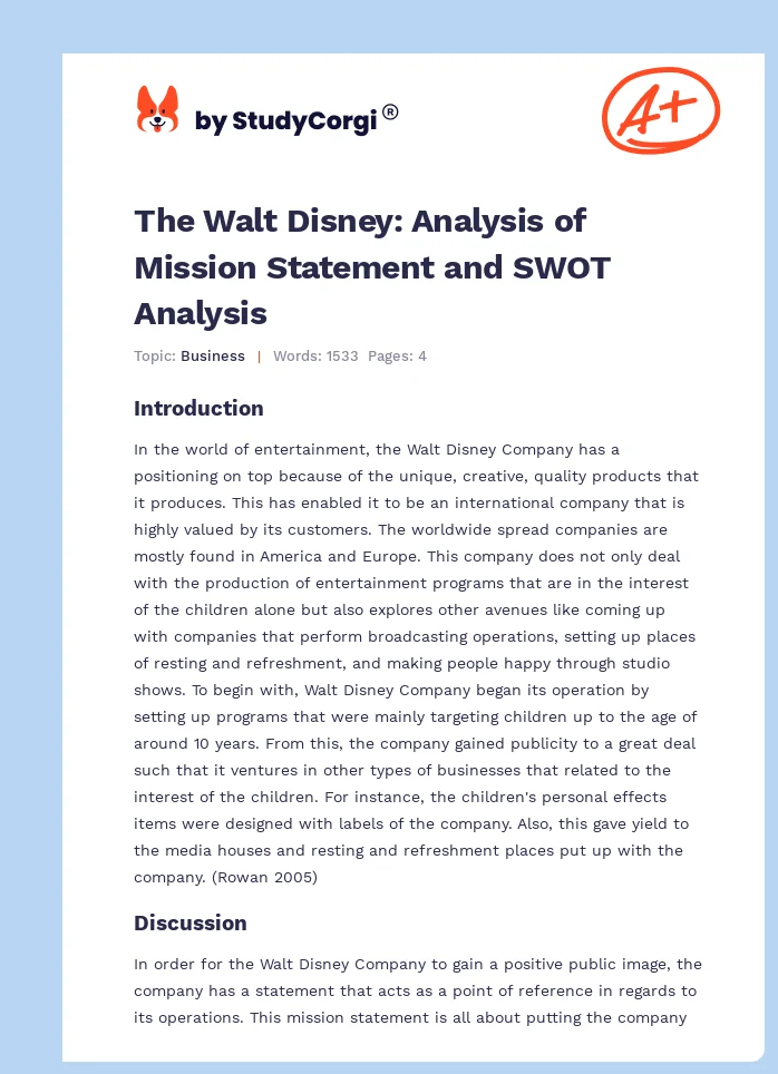 The Walt Disney: Analysis of Mission Statement and SWOT Analysis. Page 1