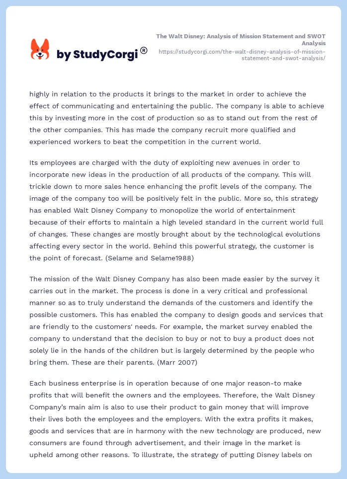 The Walt Disney: Analysis of Mission Statement and SWOT Analysis. Page 2