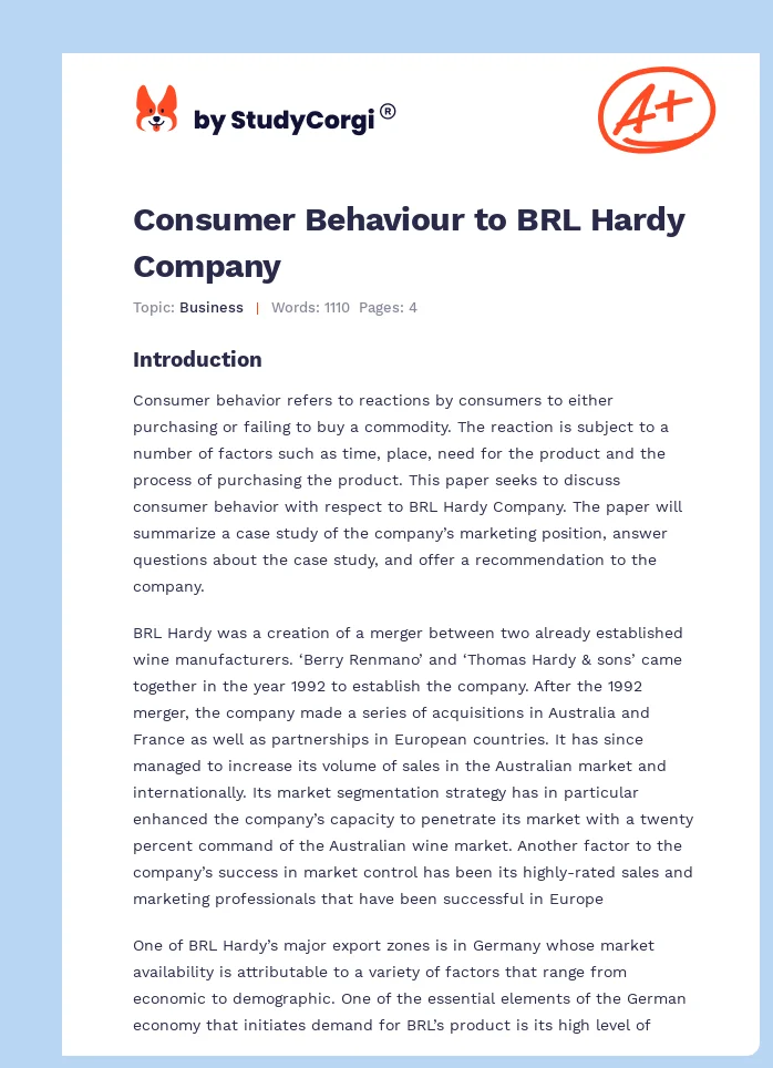 Consumer Behaviour to BRL Hardy Company. Page 1