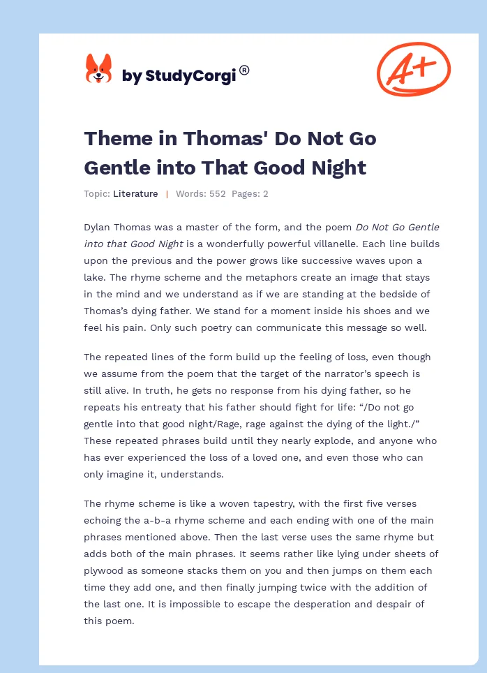 Theme in Thomas' Do Not Go Gentle into That Good Night. Page 1