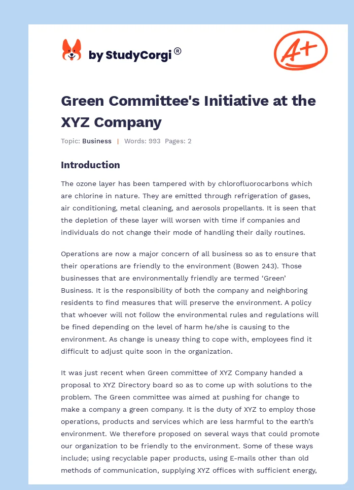 Green Committee's Initiative at the XYZ Company. Page 1