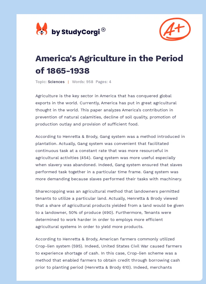 America's Agriculture in the Period of 1865-1938. Page 1