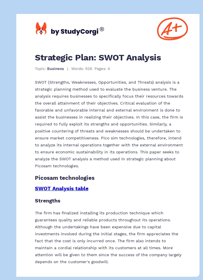 Strategic Plan: SWOT Analysis. Page 1